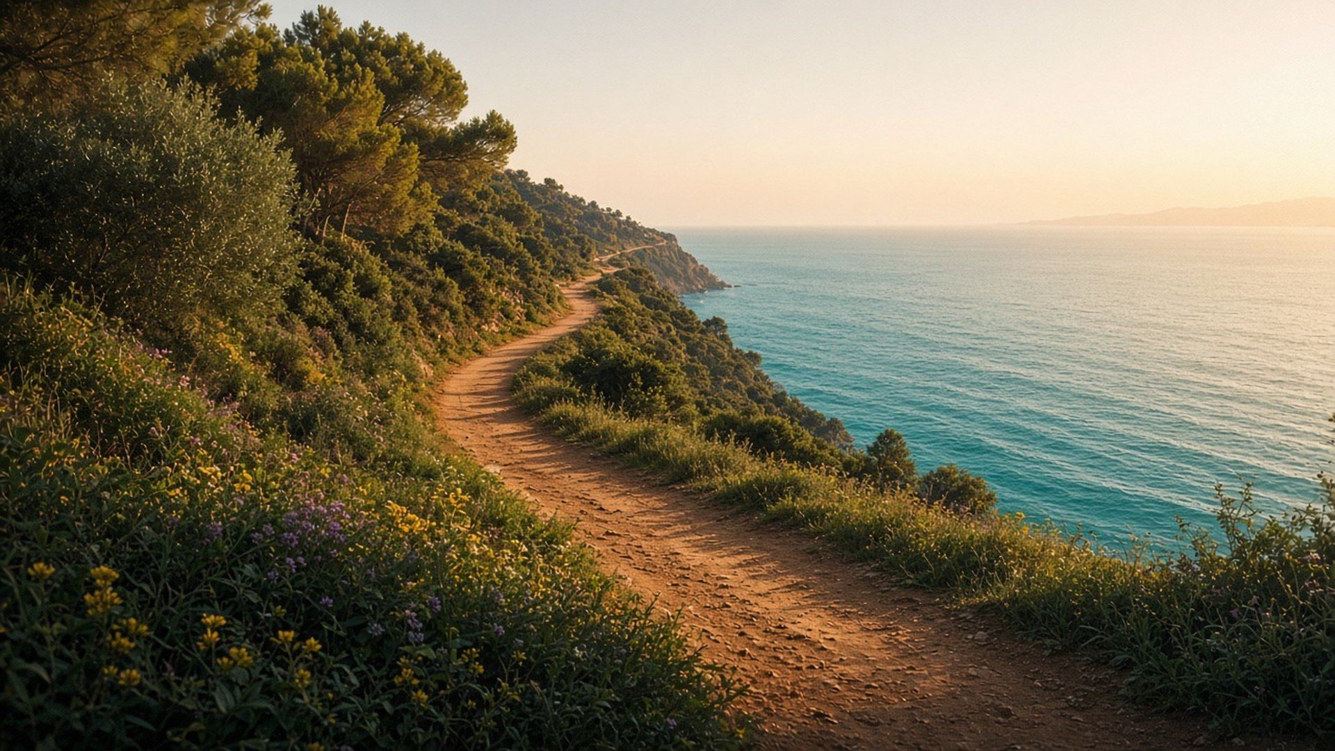 A coastal path above a turquoise ocean at golden hour — the journey ahead